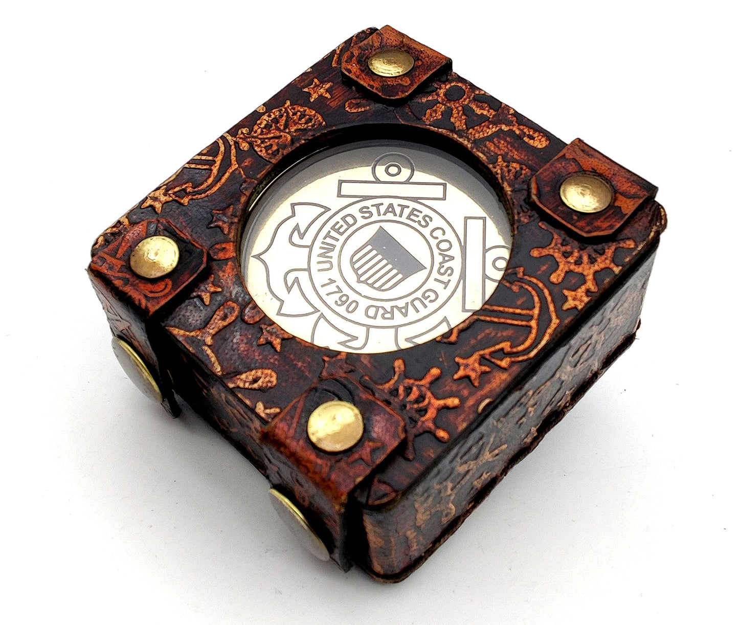 5MoonSun5's US Coast Guard Engraved Brass Military Compass with Leather Display Case - Nautical Marine Navigation Compass for Hiking Camping for Army Person