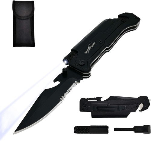 ALBATROSS 6-in-1 Tactical Folding Pocket Knife - Multi-Function Survival Tool with LED Light & Glass Breaker | Black