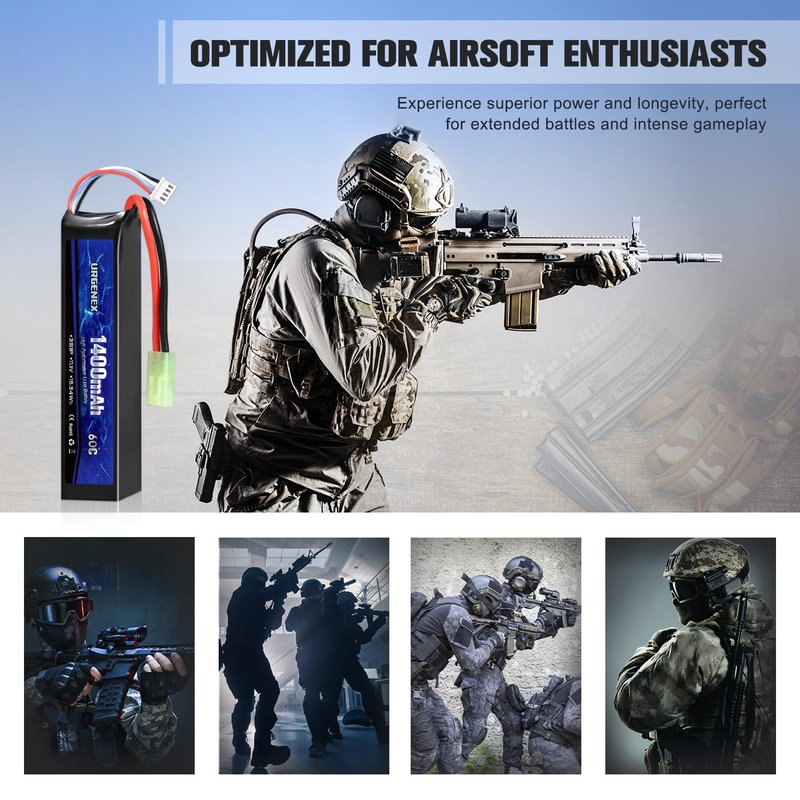 URGENEX Airsoft Battery 11.1V 1400mAh 60C High Discharge Rate Lipo Pack with Mini Tamiya Plug Rechargeable 3S Lipo Battery for Airsoft Model Guns
