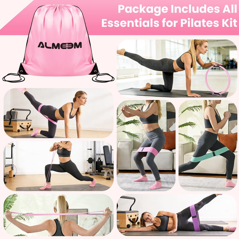 ALMEEM 12Pcs Pilates Ring Kit for Women and Men - 15 inch Magic Circle Exercise Ring and Ball Set for Home Workout Equipment - Dual Padded Handles Ring and Resistance Bands Set for All Fitness Lovers