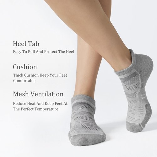CS CELERSPORT 6 Pack Men's Running Ankle Socks with Cushion, Low Cut Athletic Sport Tab Socks, Light Grey, Shoe Size: 9-12