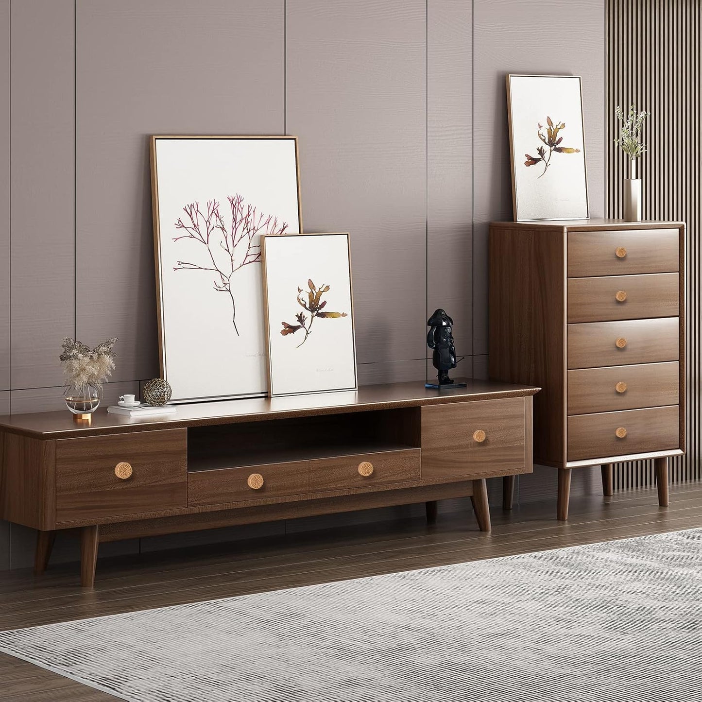 Wcatea 6 Pack Boho Dresser Knobs and Screws Diameter 1.6in Made of a Combination Durable Beech Wood and Hand Woven Rattan Pieces