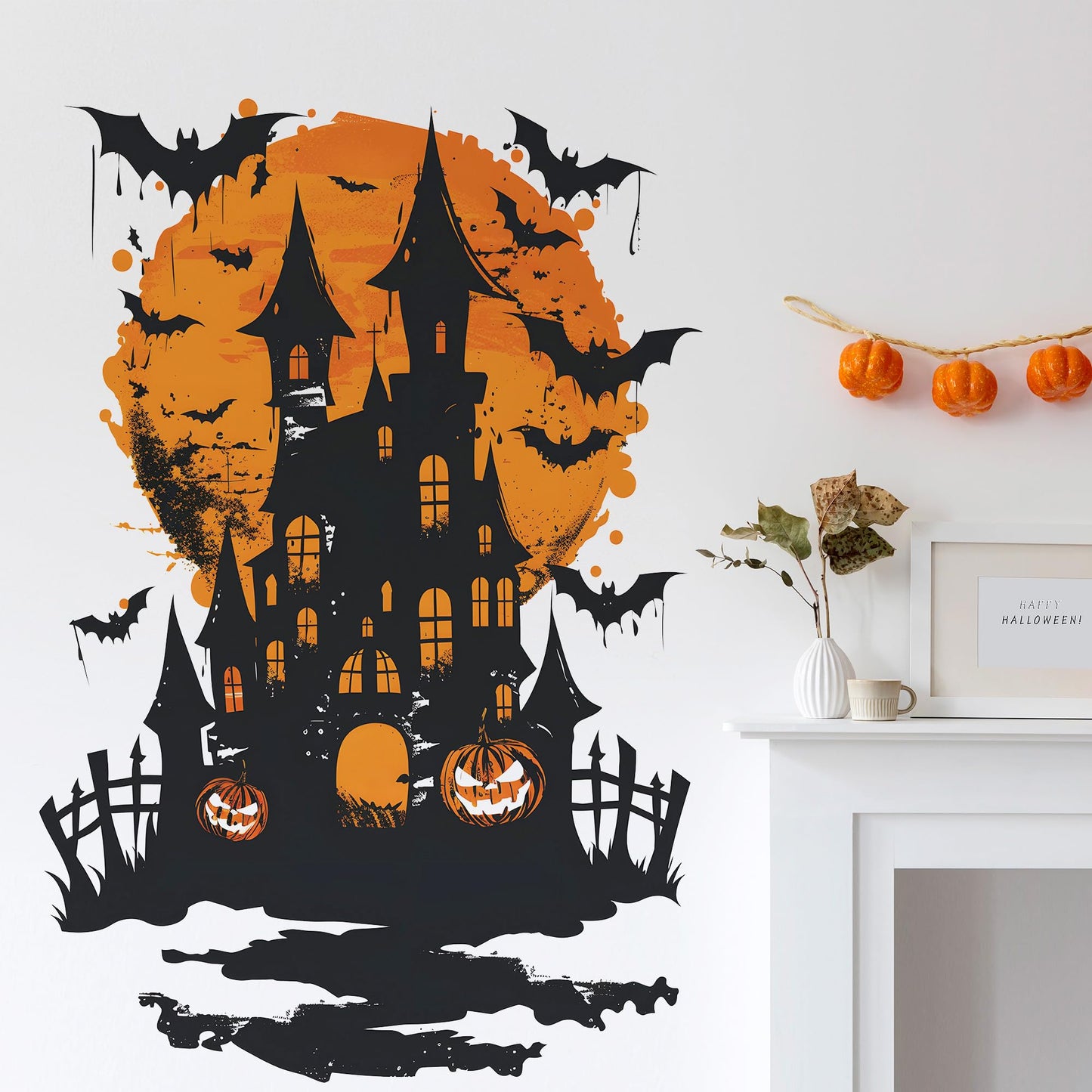 DRWSSR 2 Sheets Halloween Wall Stickers: Removable Bats Moon Pumpkin Wall Art DecalStickers - Peel & Stick for Indoor DIY Wall Art