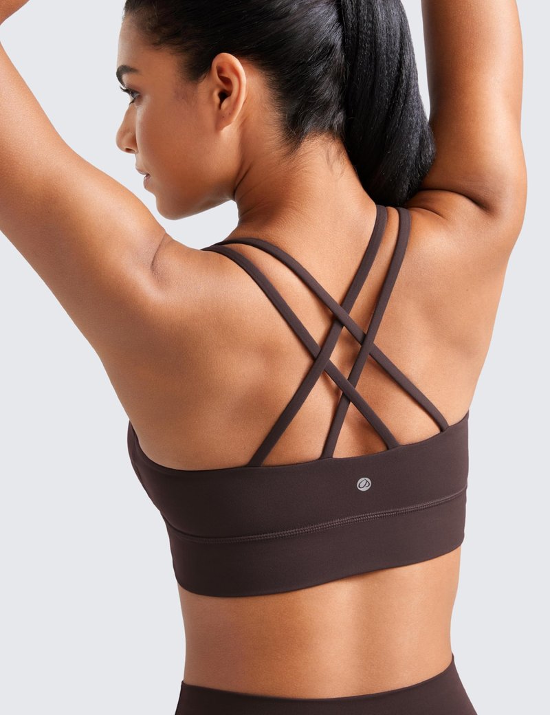 CRZ YOGA Softness Mold Butterluxe Strappy Longline Sports Bras for Women - Double Spaghetti Strap Workout Yoga Crop Top Hot Fudge Brown Medium