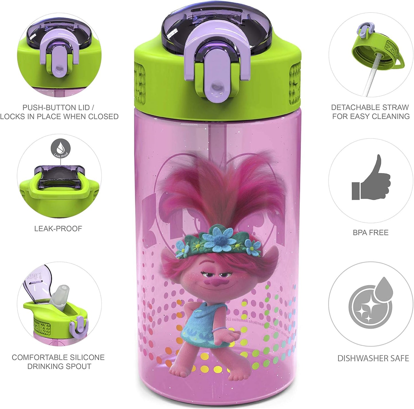 Zak Designs DreamWorks Trolls 2 Kids Water Bottle - Durable Leak-Proof Design | 16oz, 2-Pack
