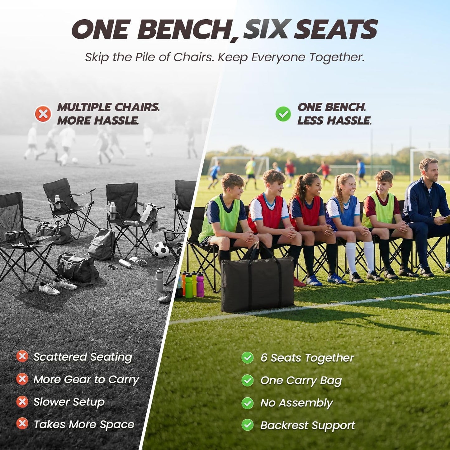 Flexzion Portable Folding Bench Seat, 6 Seater, Collapsible Soccer Bench, Portable Bench Seats for Bleachers, Camping, Sideline, with Back Rest and Carrying Bag, Black