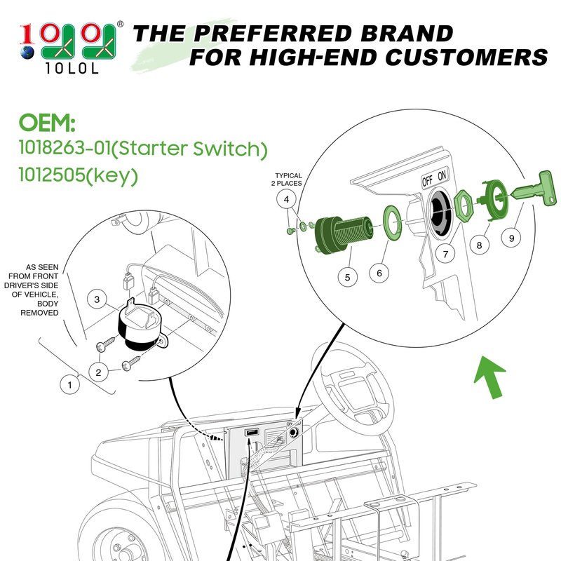 10L0L 12 Volt Ignition Key Switch for Club Car DS, Limo, Turf, Carryall 1 & 2 1996-up Gas Golf Cart, OEM 101826301, 1012505