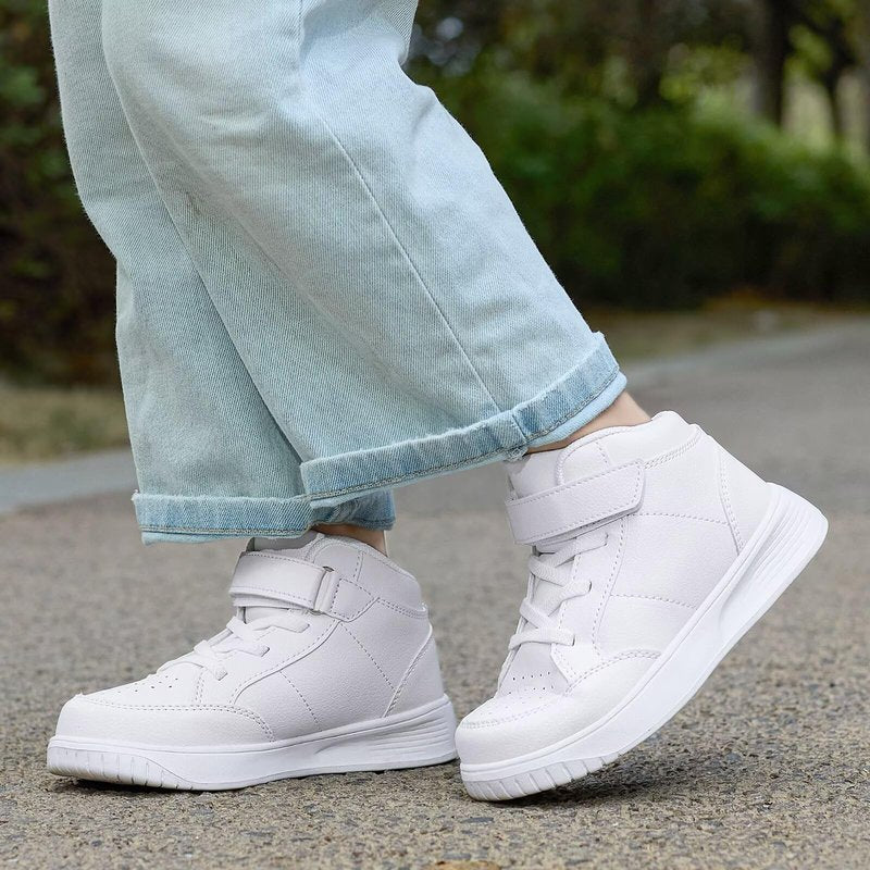 Yadurdu Kids White Running Shoes for Boys High Top Lightweight Breathable Strap Athletic Sports Shoes Girls Outdoor Casual Sneakers Big Kid Size 5