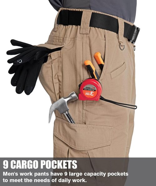 Zoofly Mens Work Pants with Pockets Water Resistant Cargo Pants for Men Elastic Waist Climbing Hiking Pants Ripstop Khaki 34W*30L