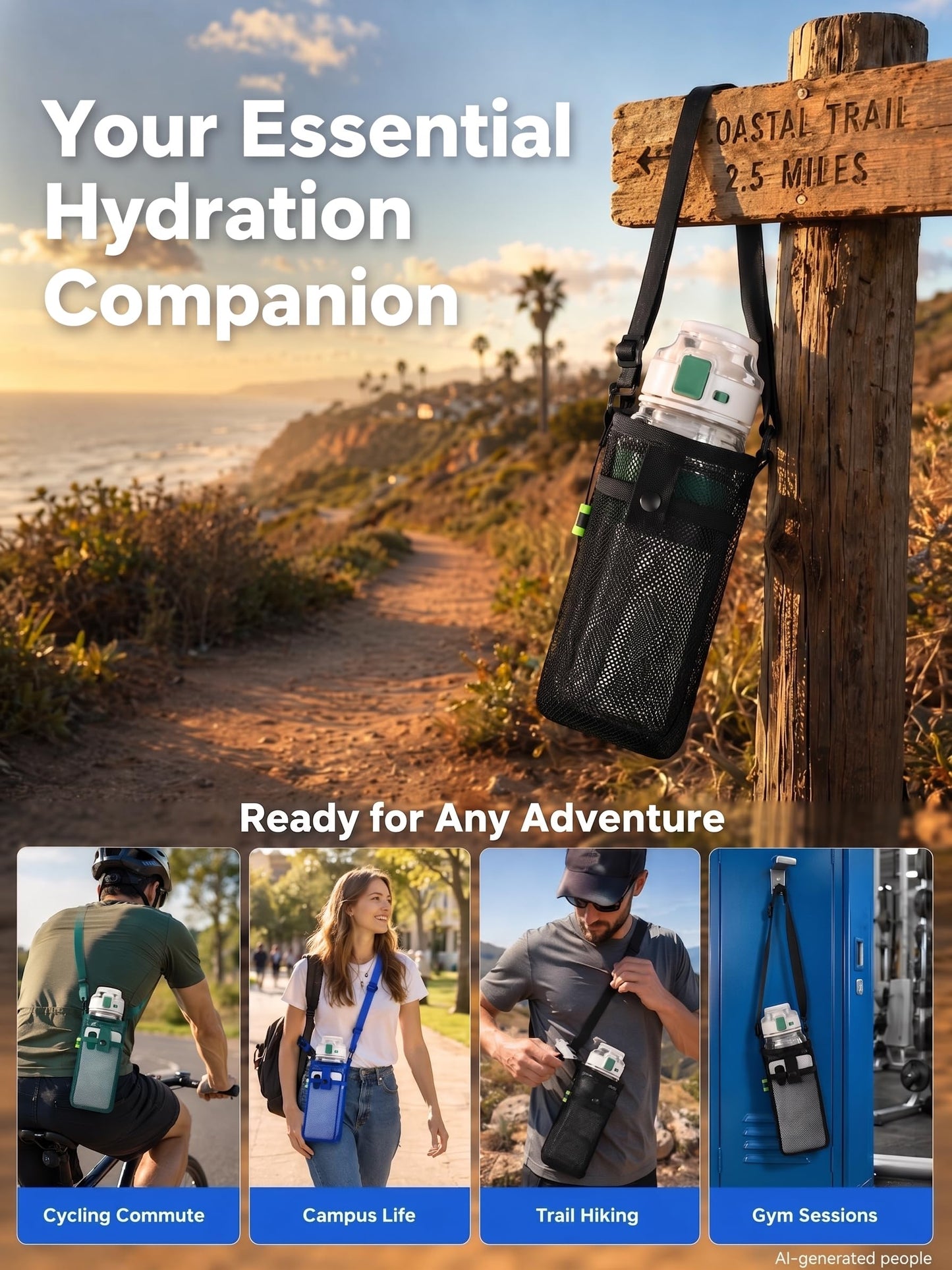 3Pcs Water Bottle Holder with Strap, Mesh Water Bottle Carrier for Walking