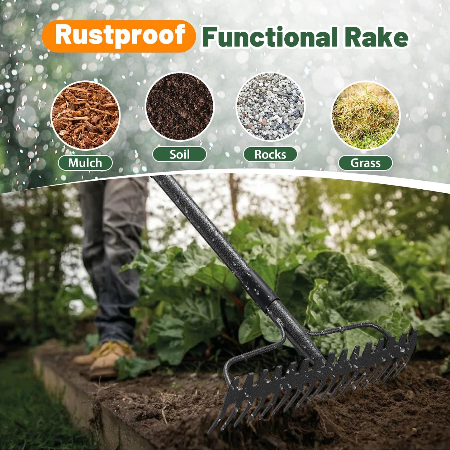 Rake, 17 Tines with 49 Inch Handle, 17 Inch Wide Heavy Duty Garden Thatch Leaf Rake for Raking Leaf Loosening Soil Gathering Mulch Leveling Rocks, Rustproof Metal Bow Rakes for Leaves Grass