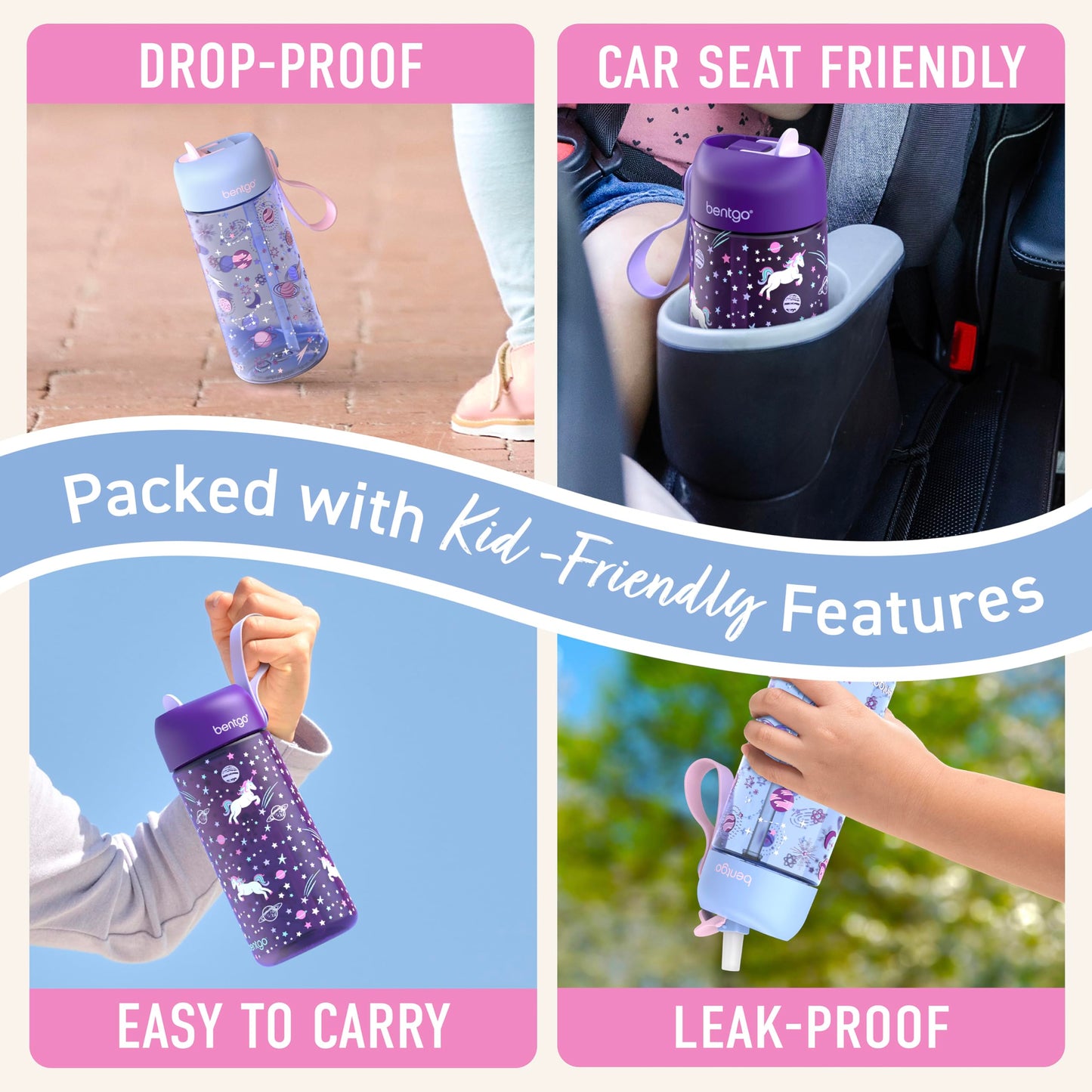 Bentgo Kids Water Bottle 2-Pack - Leak-Proof Durable Tritan BPA-Free 15 oz Cup for Kids/Toddlers Ages 3+; Bite & Sip Spout + Dishwasher Safe for School/Sports/Daycare/Camp (Unicorn/Lavender Galaxy)