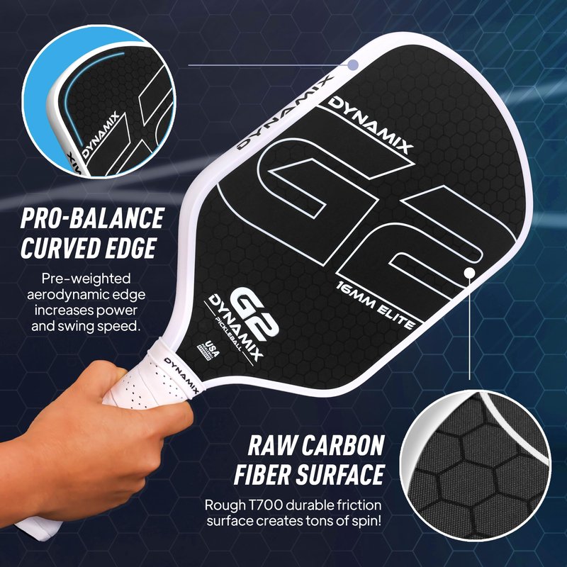 Pickleball Paddles, Carbon Fiber Pickleball Paddle, G2 (Gen2) 16mm USAPA Raw Carbon Pickleball Racket, Pro-Grade Thermoformed Pickle Ball Paddle for Control, Power, Spin by Dynamix (White, White Edge)