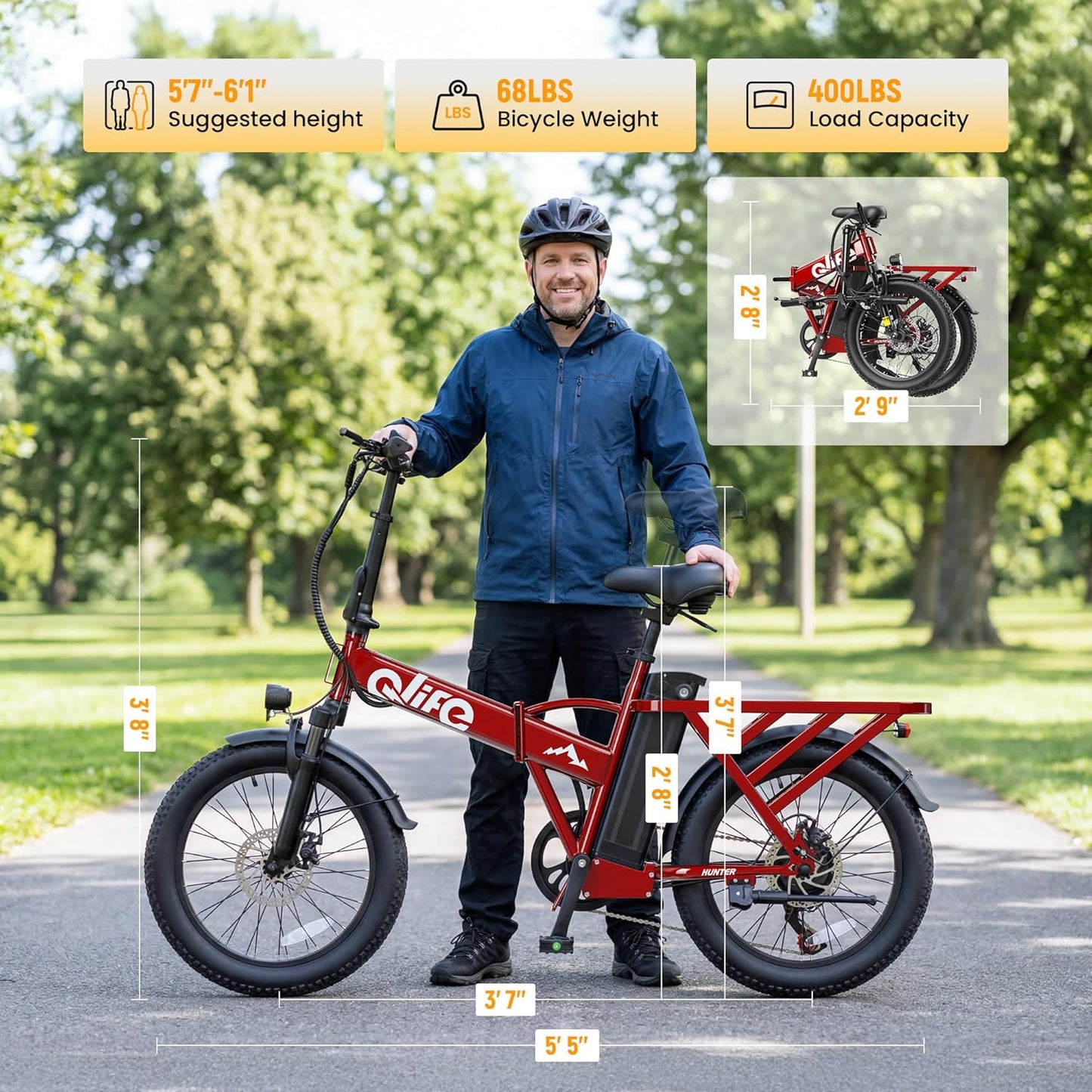 Qlife Hunter Foldable Electric Bike for Adults, Peak 1200W Ebike with 48V 13.5Ah Battery, 65-Mile Range, Heavy-Duty Rear Rack, 20-Inch Fat Tires, Folding E Bike for Commuting & Outdoor Use