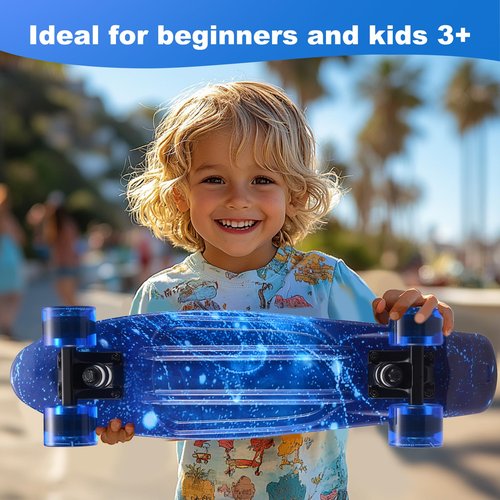 Kids Skateboard Set with Light-Up Wheels–Complete Beginner Kit Includes Full Protective Gear & Skate Tool–Ideal for Boys & Girls,Blue 22"