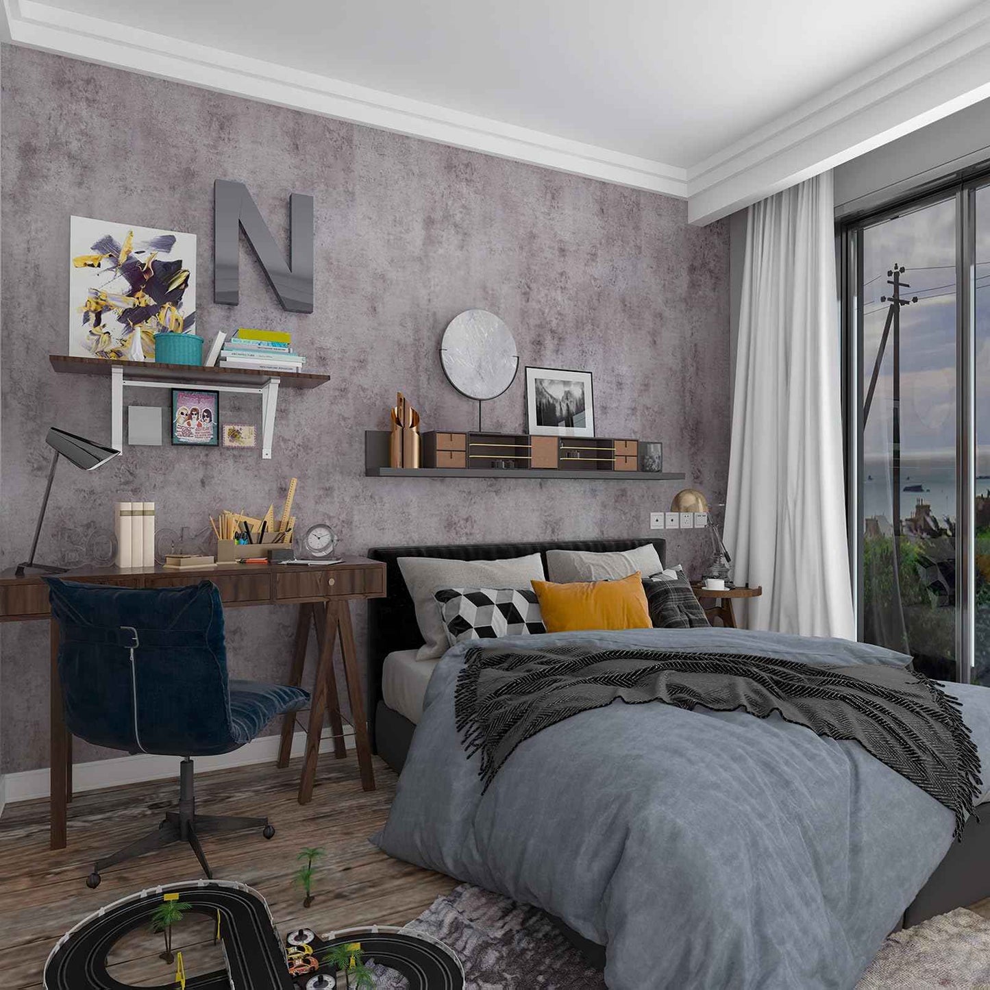 BOMENG Purple Cement Industrial Wallpaper Concrete Peel and Stick Silver Metallic Wall Paper，Extra Wide Contact Paper for Countertops、Basement，Hotel Lobby, Living Room, Bar 31.5"x354"