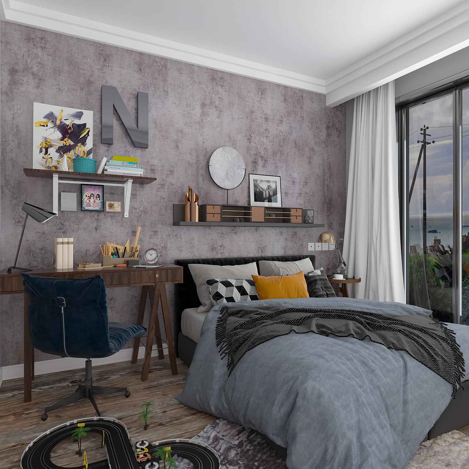 BOMENG Purple Cement Industrial Wallpaper Concrete Peel and Stick Silver Metallic Wall Paper，Extra Wide Contact Paper for Countertops、Basement，Hotel Lobby, Living Room, Bar 31.5"x354"