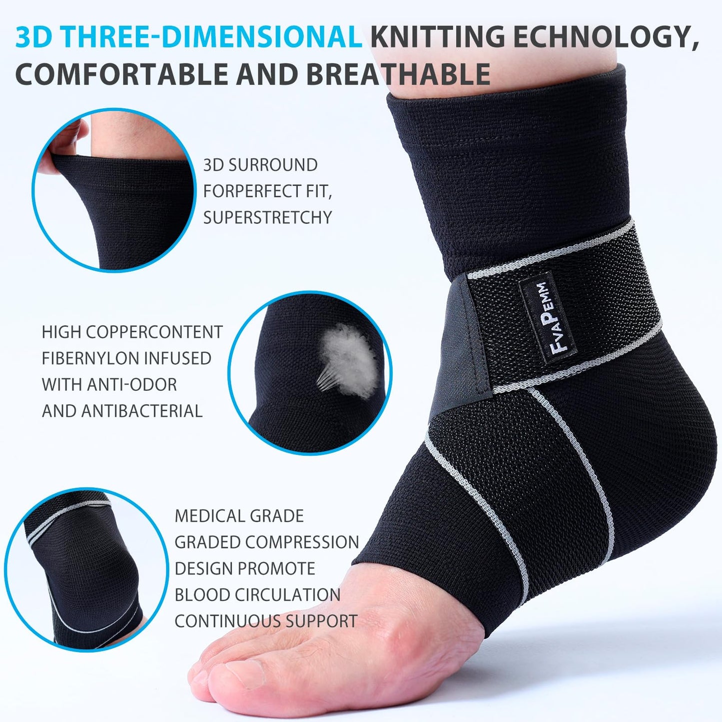 Ankle Support Brace for Women Men, 1 Pair Achilles Tendonitis Brace for Plantar Fasciitis Relief, Copper Infused Ankle Compression Sleeve with Adjustable Strap, Support for Sprained Ankle, Day&Night, Black, M