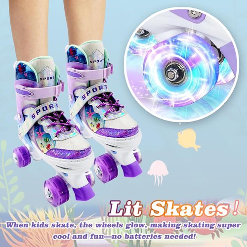 Adjustable Kids Roller Skates for Girls and Boys Ages 3-5 5-8 8-12, All 8 Wheels of Girl's Skates Shine, Safe and Fun Illuminating for Outdoor Indoor Sports with Protective Gear Set