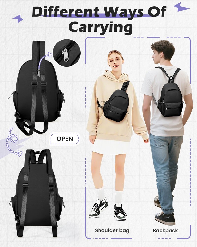 SEAFEW Small Black Sling Crossbody Bag for Men Women, Shoulder Daypack Mini Anti-Theft Cross Body Motorcycle Chest Bags, Small One Strap Fanny Back Pack for Casual Travel Hiking Sport Gym