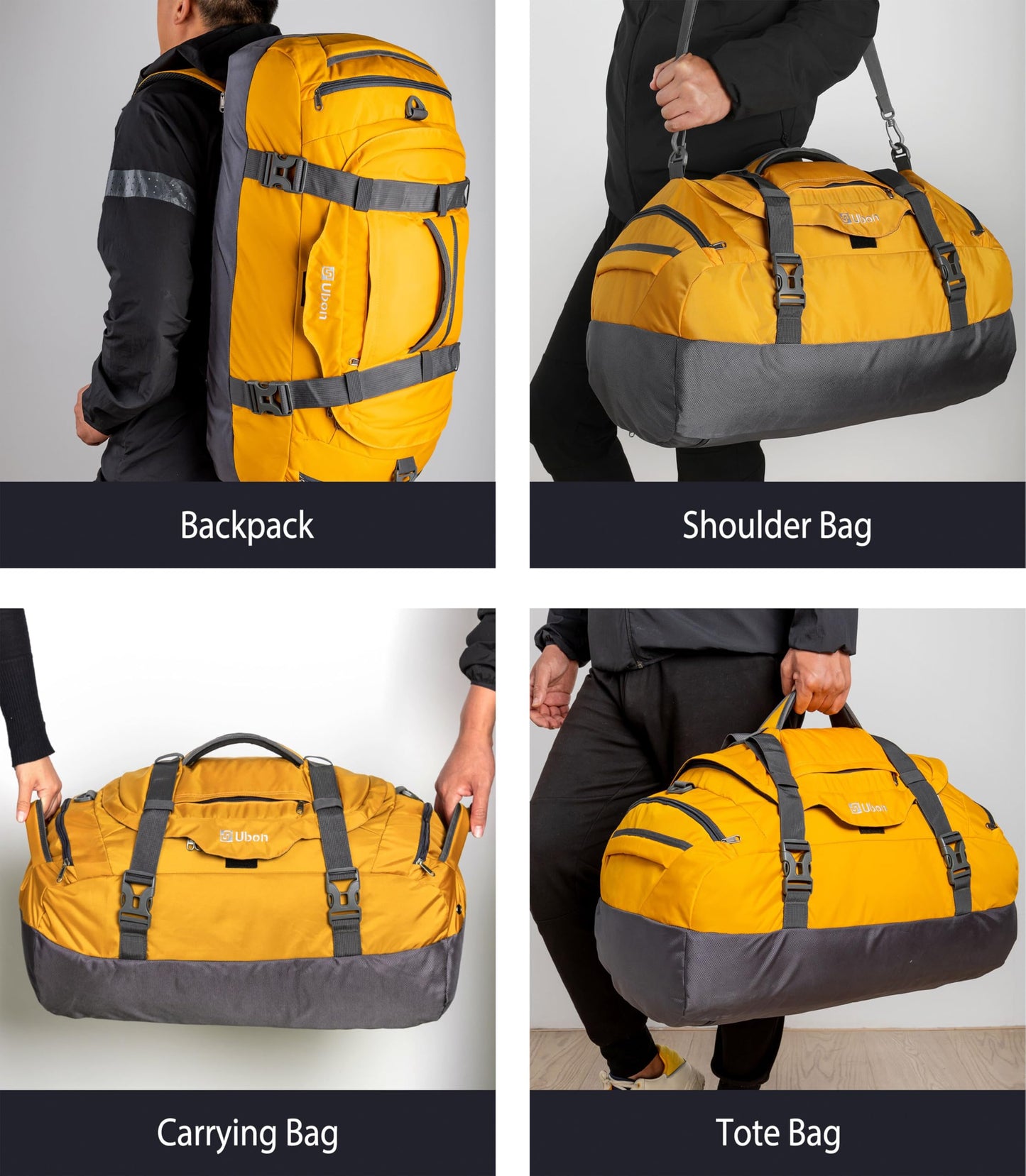 Ubon Heavy Duty Duffle Bag Gym Sport Bags with Convertible Backpack Straps (Yellow,65L)