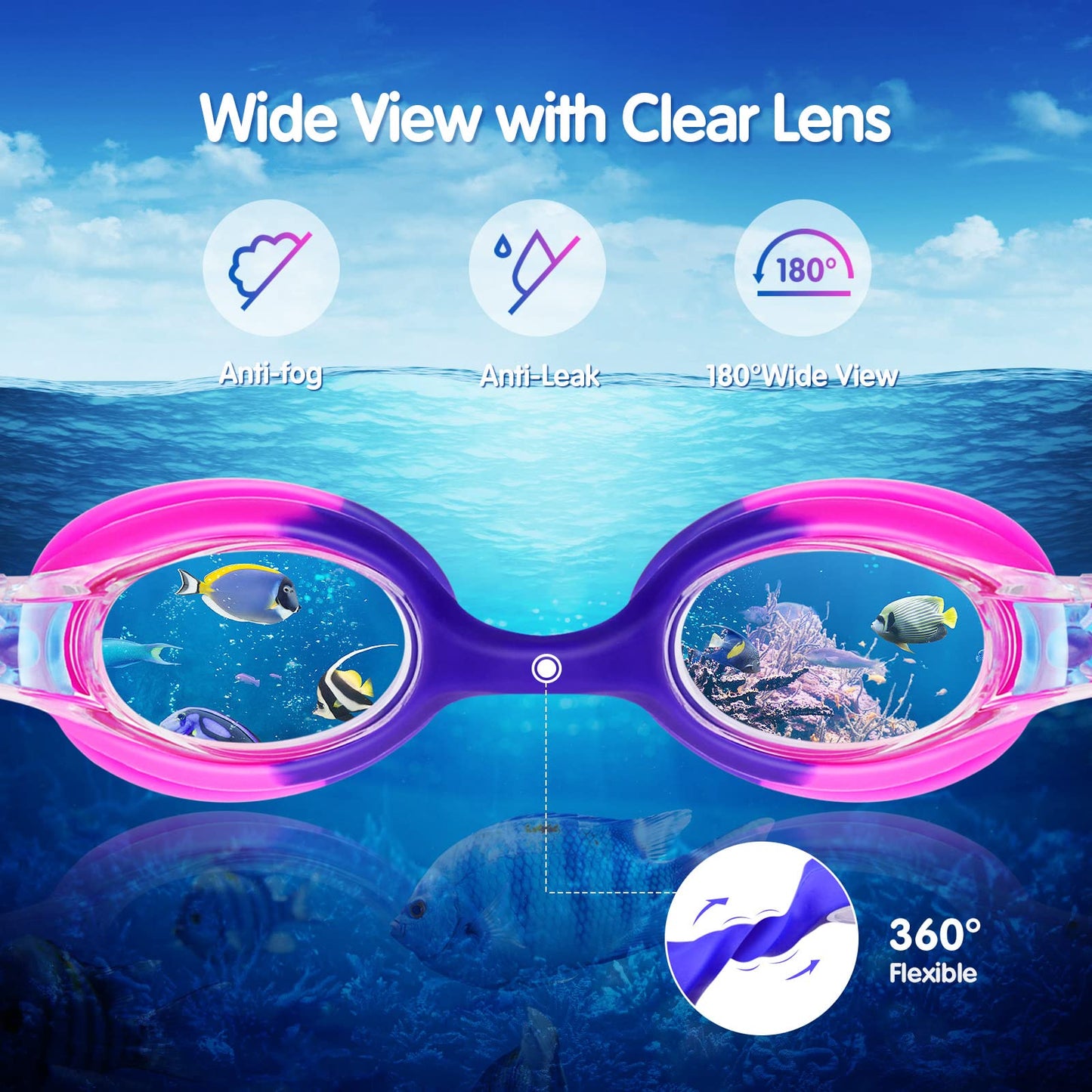 Starweh Kids Swim Goggles 2 Pack, Anti Fog No Leak Swimming Goggles for Boys Girls Ages 6-14, Wide View Soft Silicone Swim Goggles Kids – Blue, Purple & Pink