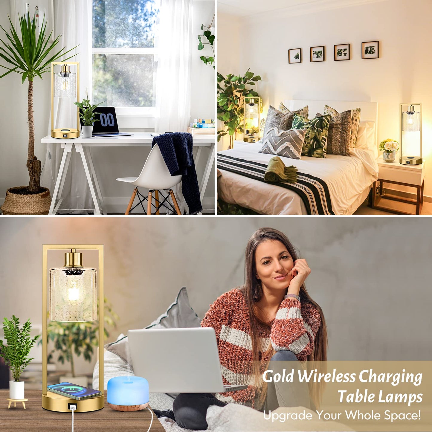 Gold Wireless Charging Lamps for Bedrooms Set of 2, Bedside Touch Table Lamps 3-Way Dimmable, Bubble Glass Lamp Sets for Living Room Nightstands End Tables Office, USB Port, E26 LED Bulbs Covered