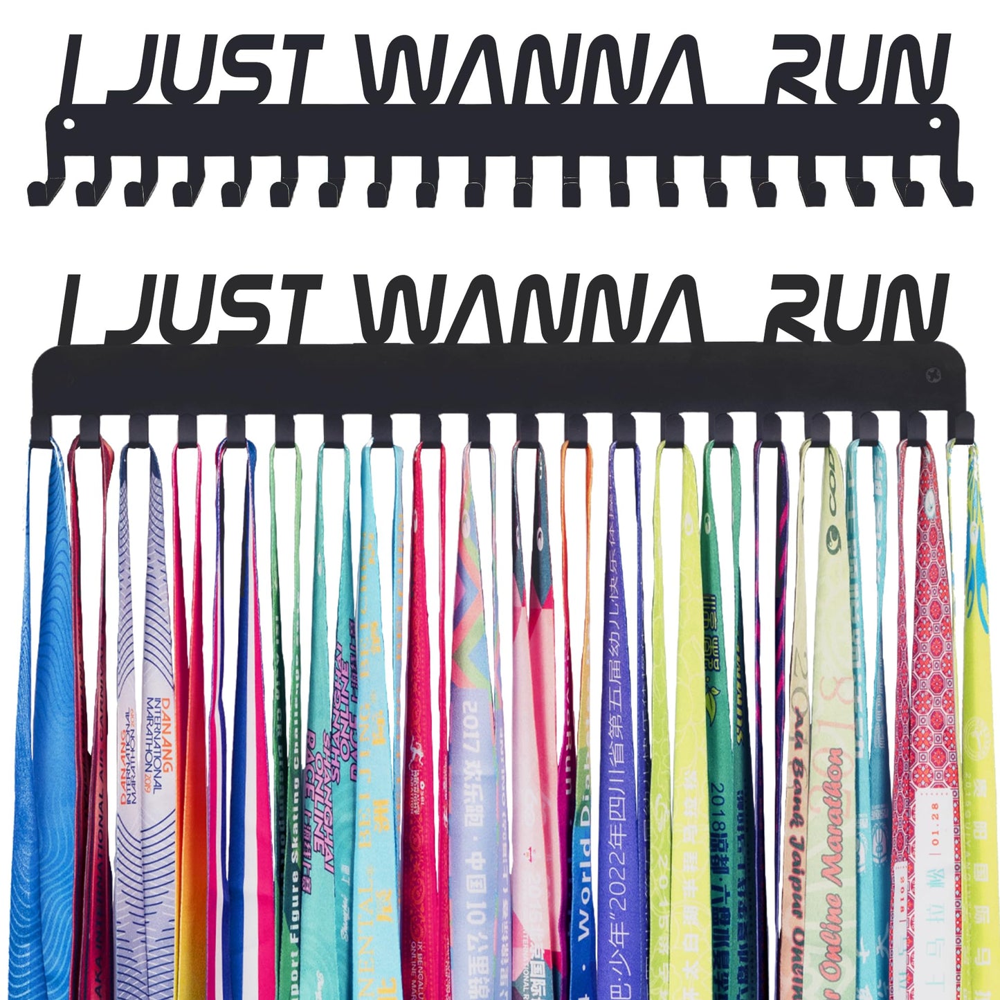 Goutoports Personalized Medal Hanger Display Rack - I Just Wanna Run - Metal Sports Race Plaques Holder for Wall Hold Up 60 Medal Award Track & Field Accessories for Running Soccer Athlete Boy Girl