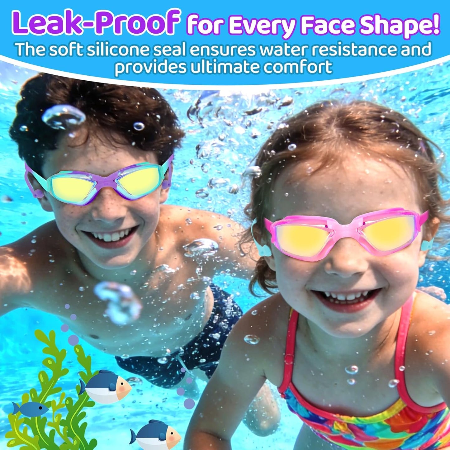Vvinca Swim Goggles for Kids - Anti-Fog & UV Protection | No Leak Design, 2-Pack for Ages 3-15