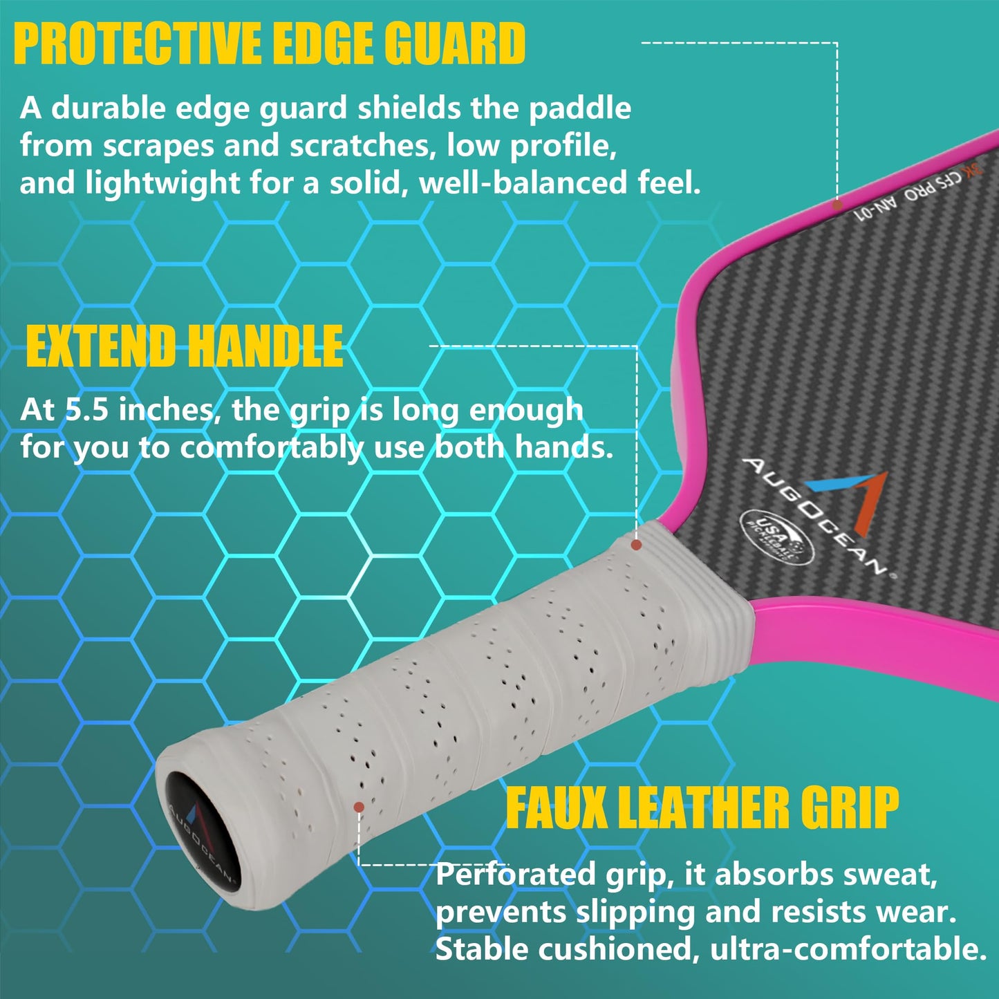 Pickleball Paddle,Pickleball Paddles-3K Raw Carbon Fiber Textured Surface with Great Grit & Spin,T700 Carbon Fiber Racket with Excellent Power,Control & Balance,USAPA Approved (Pink-White 16mm)