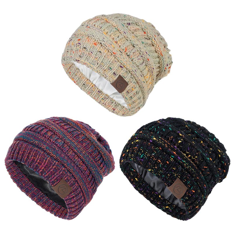 Satin Lined Beanie Women-Winter Hats for Women Silk Lined Slouchy Cute Beanie for Winter Warm Knit Ski Hat Mix Beige&Black&Purple