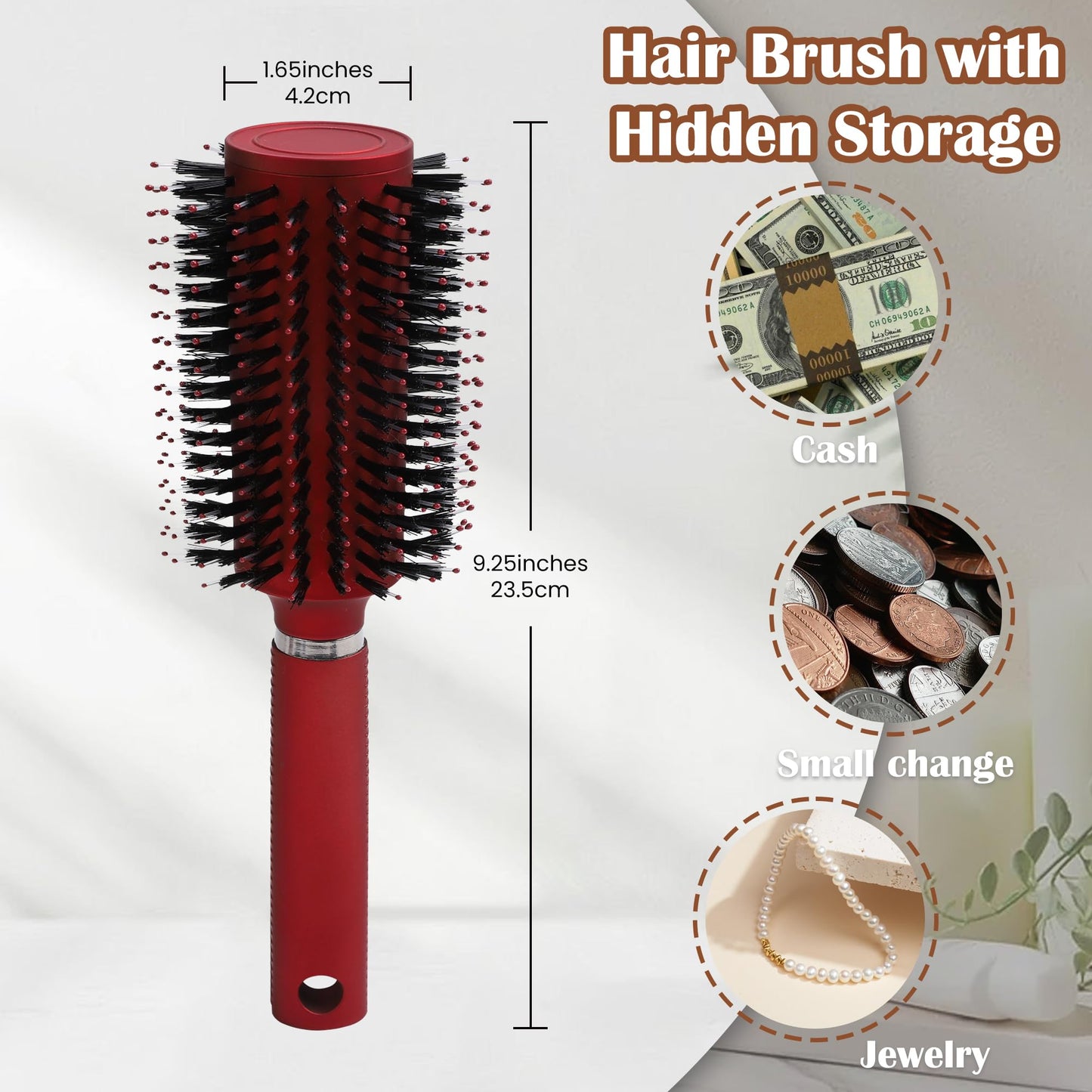 Meejune Hair Brush with Hidden Storage - Diversion Safe for Jewelry, Cash & Valuables - Comb Cash Holder for Home & Vacation Use (Red)