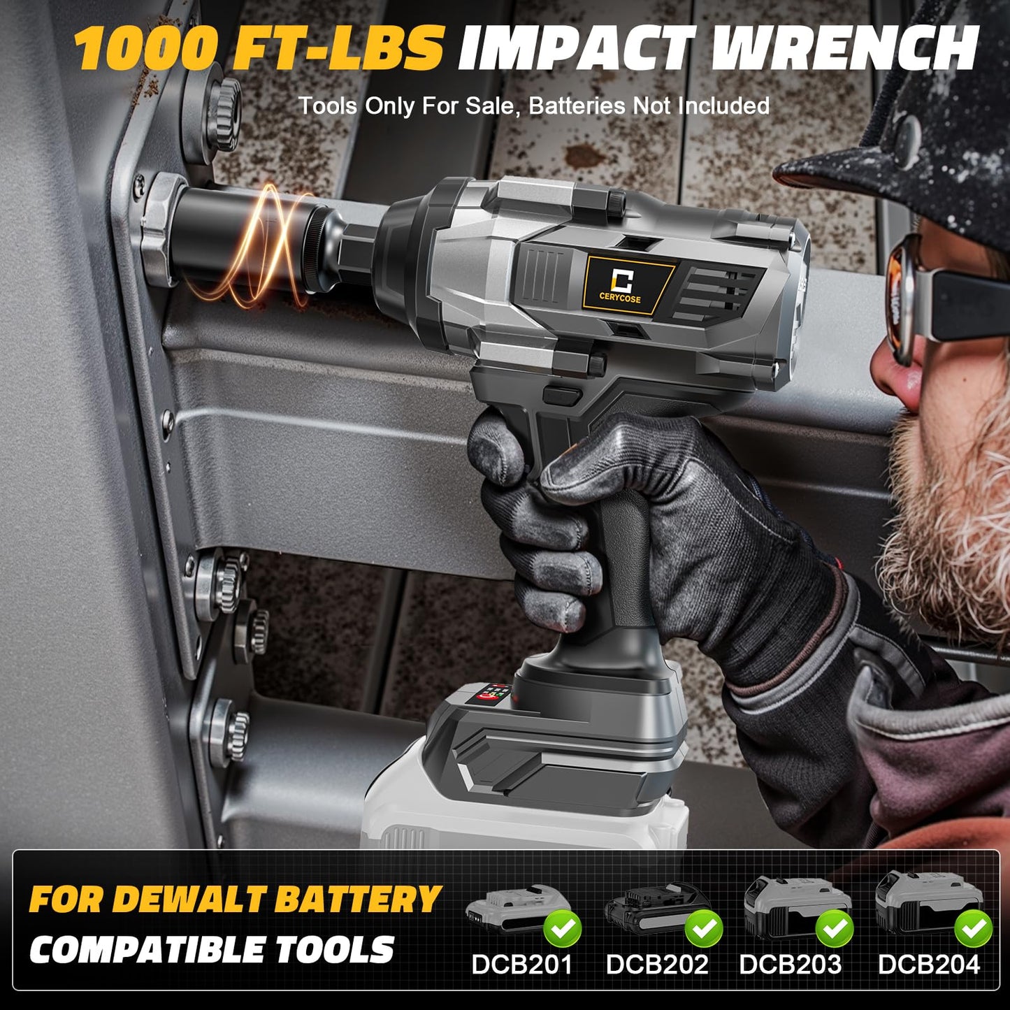 Cerycose Cordless Impact Wrench 1000FT-LBS for Dewalt Battery, 1/2 inch Brushless Electric 1360N.m Impact Gun Includes LED Work Light, High Torque Impact Driver, Bare Tool Only