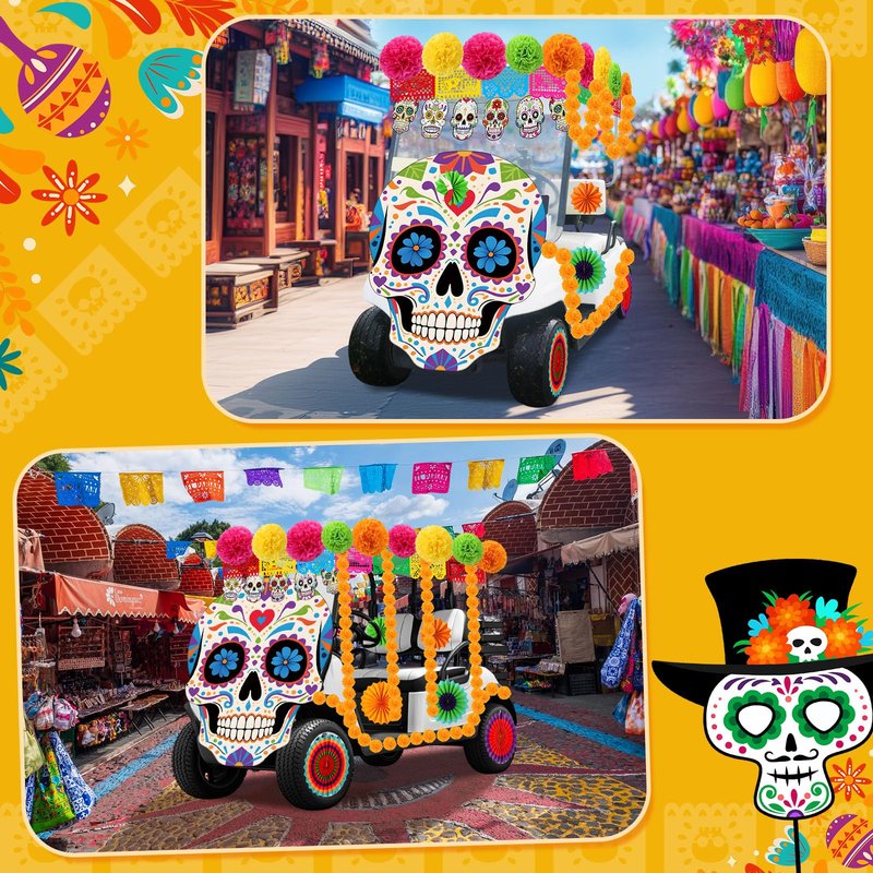Suncalla 25 Pcs Day of the Dead Golf Cart Decorations Dia De Los Muertos Car Decoration Marigold Garland Mexican Party Banners Pom Poms Hanging Paper Fans for Halloween Golf Cart Party Decor
