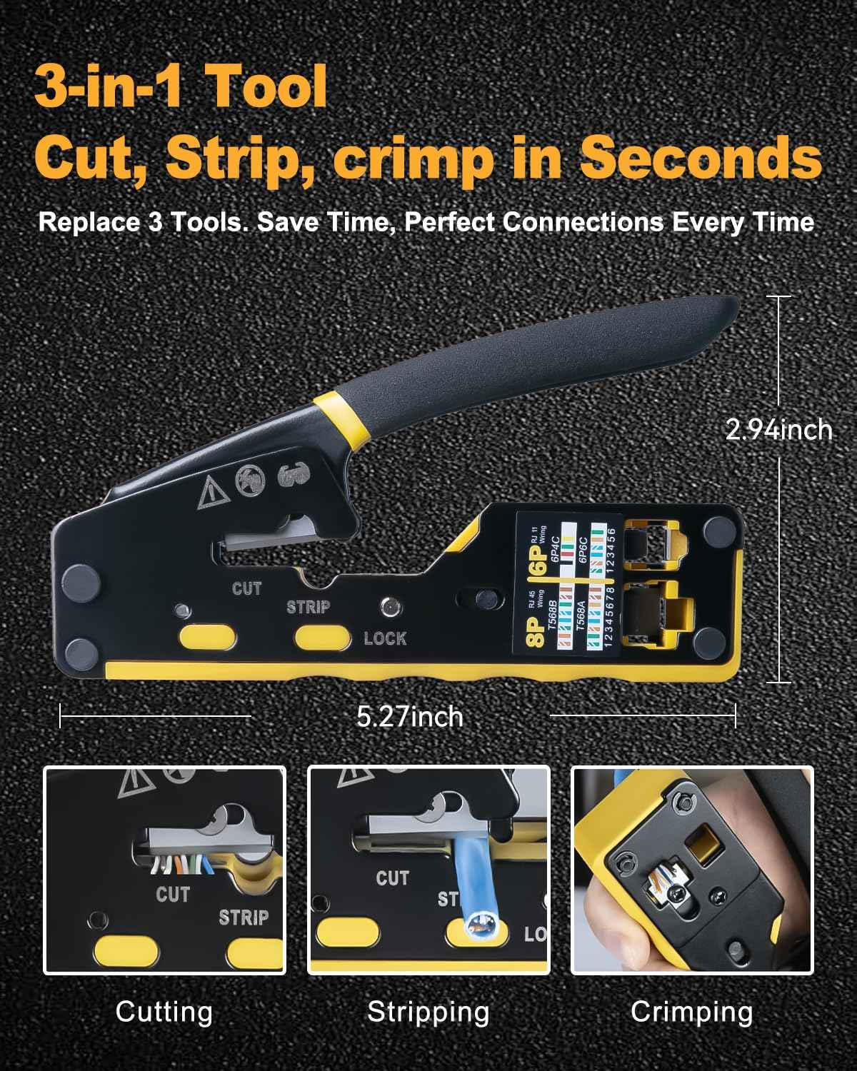 Anyongora RJ45 Crimp Tool Kit with Replaceable Blade & Wire Cutter, Pass Through Ethernet Crimper for Cat7 Cat6 Cat5, Complete Network Tool Set with Cable Tester, 30Pcs Connectors