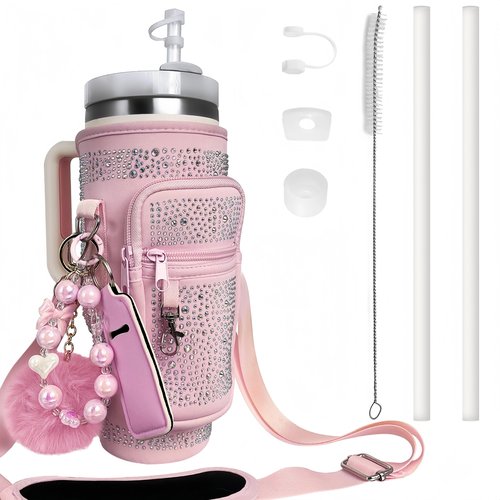 Water Bottle Carrier Bag for Stanley 30&40oz Tumbler - Stanley Cup Belt Bag with Adjustable Strap, Straw Cover & Pearl Bracelet - Thanksgiving Day and Christmas Day Gifts (Pink Diamond With Pocket)