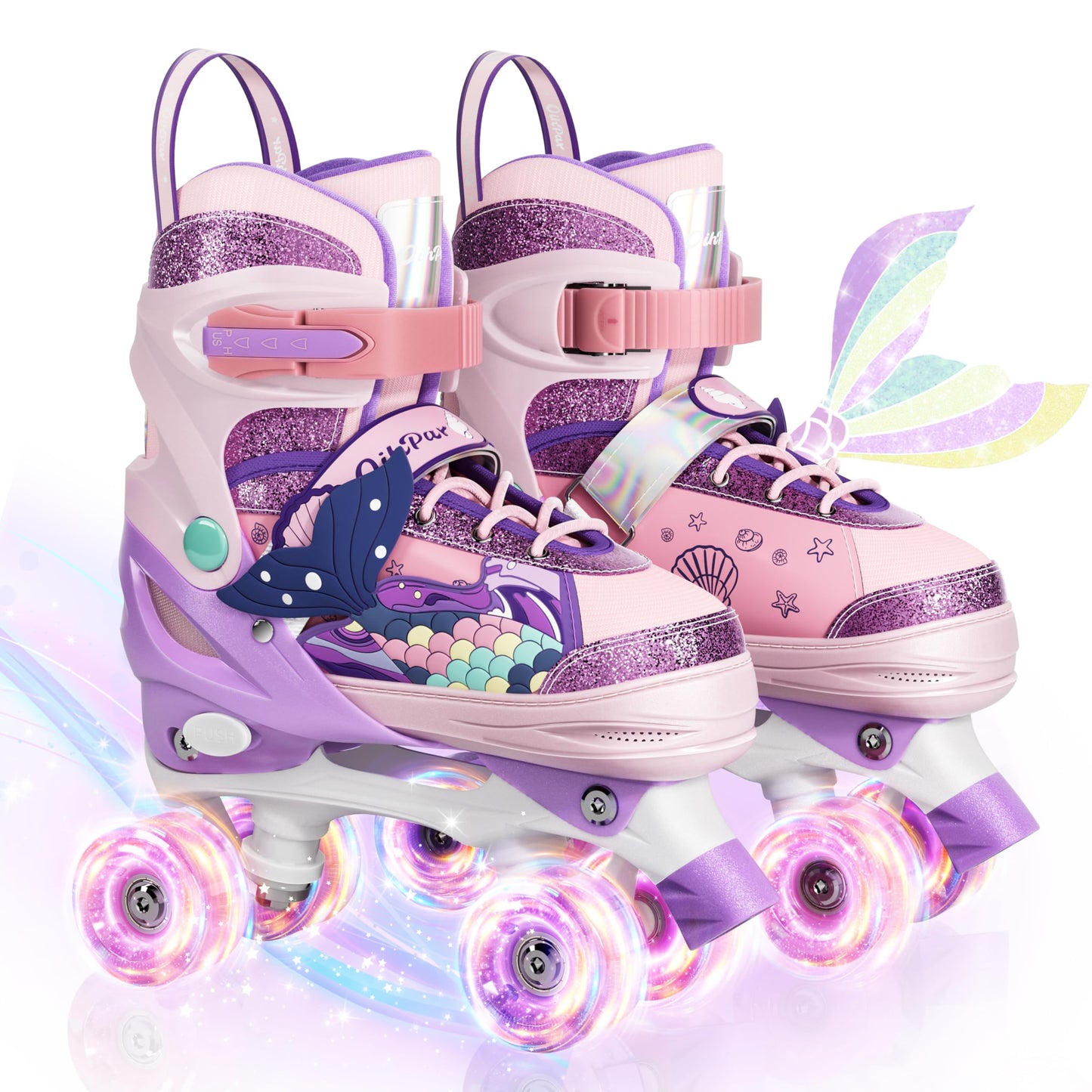 4 Sizes Adjustable Kids Roller Skates, Kids Roller Blades with Triple Safety Straps & LED Light Wheels Perfect for Beginners, Ideal Gift for Boys & Girls (Pink, Small(9C-12C))
