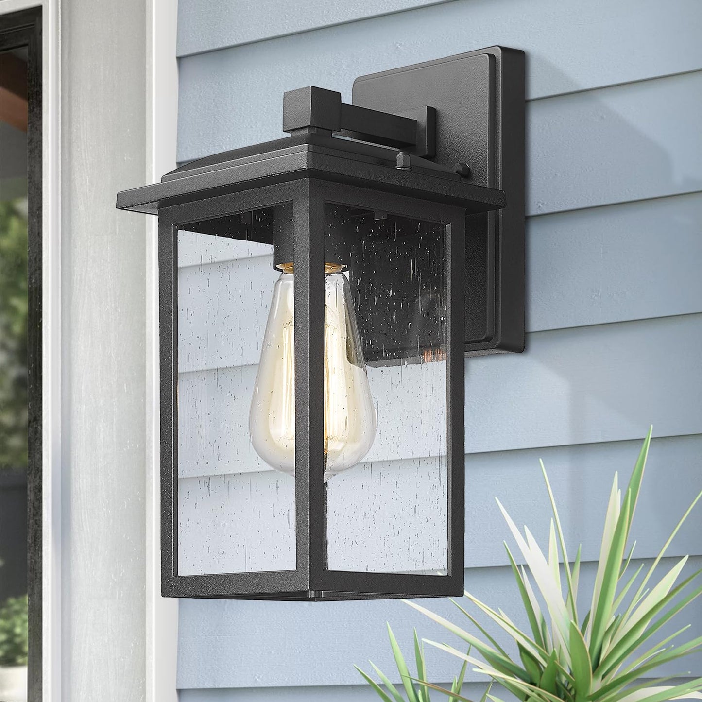 Diyel Outdoor Wall Sconces 2 Pack, Exterior Light Lantern Fixtures, Porch Light Lamps Outdoor Wall Mounted in Black Finish with Seeded Glass for House, Garage, Patio, Yard, Garden