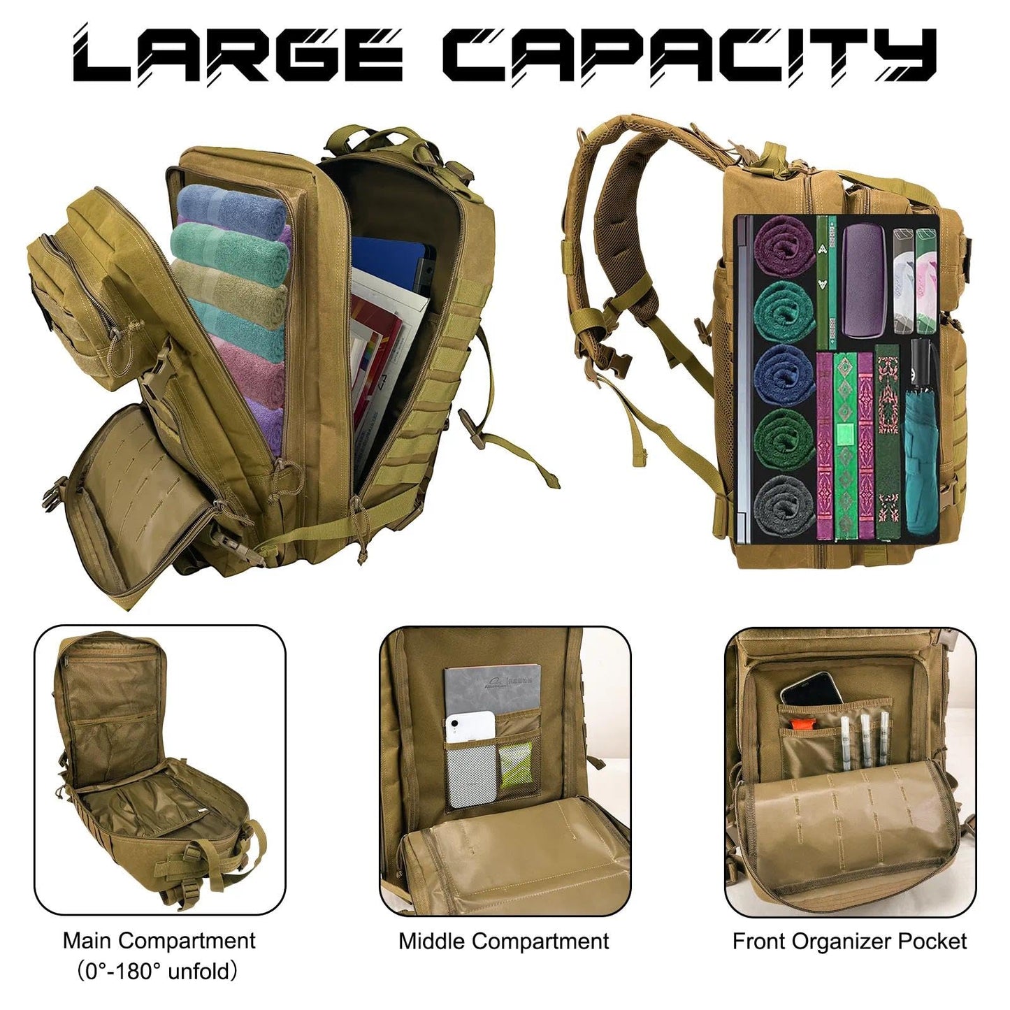 WOLT Military Tactical Backpack for Men 45L Molle Backpack 3 Day Assault Pack Bug Out Bag, Heavy Duty Rucksack for Hiking Gym(Khaki)