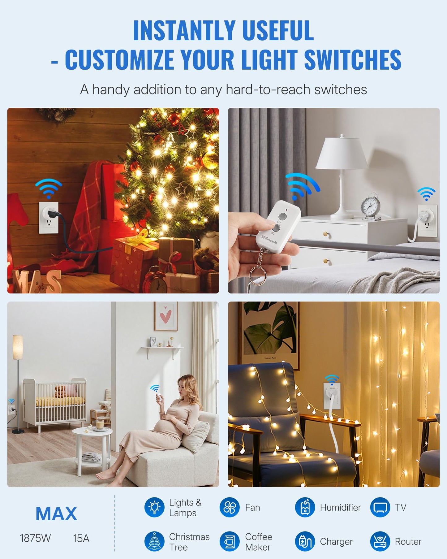 Remote Control Outlet Plug, WILAWELS Wireless Remote On Off Switch for Outlet, Remote Light Switch for Lamp, Light, Programmable, 100ft RF Range, 15A/1875W, Battery Included, FCC Listed W11RC1106