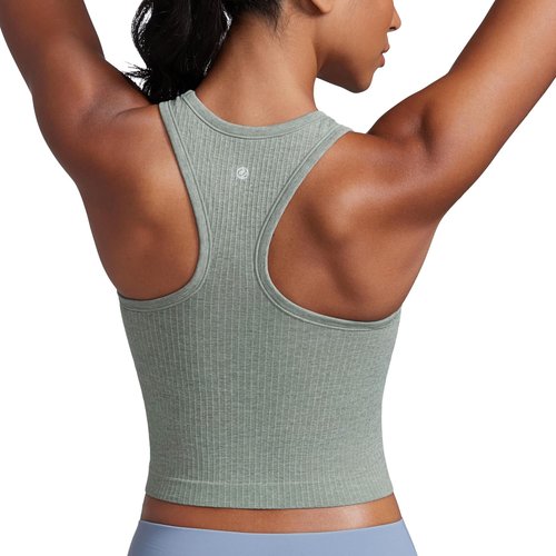 CRZ YOGA Seamless Ribbed High Neck Crop Tank Tops - Longline Racerback Padded Sports Bra for Women