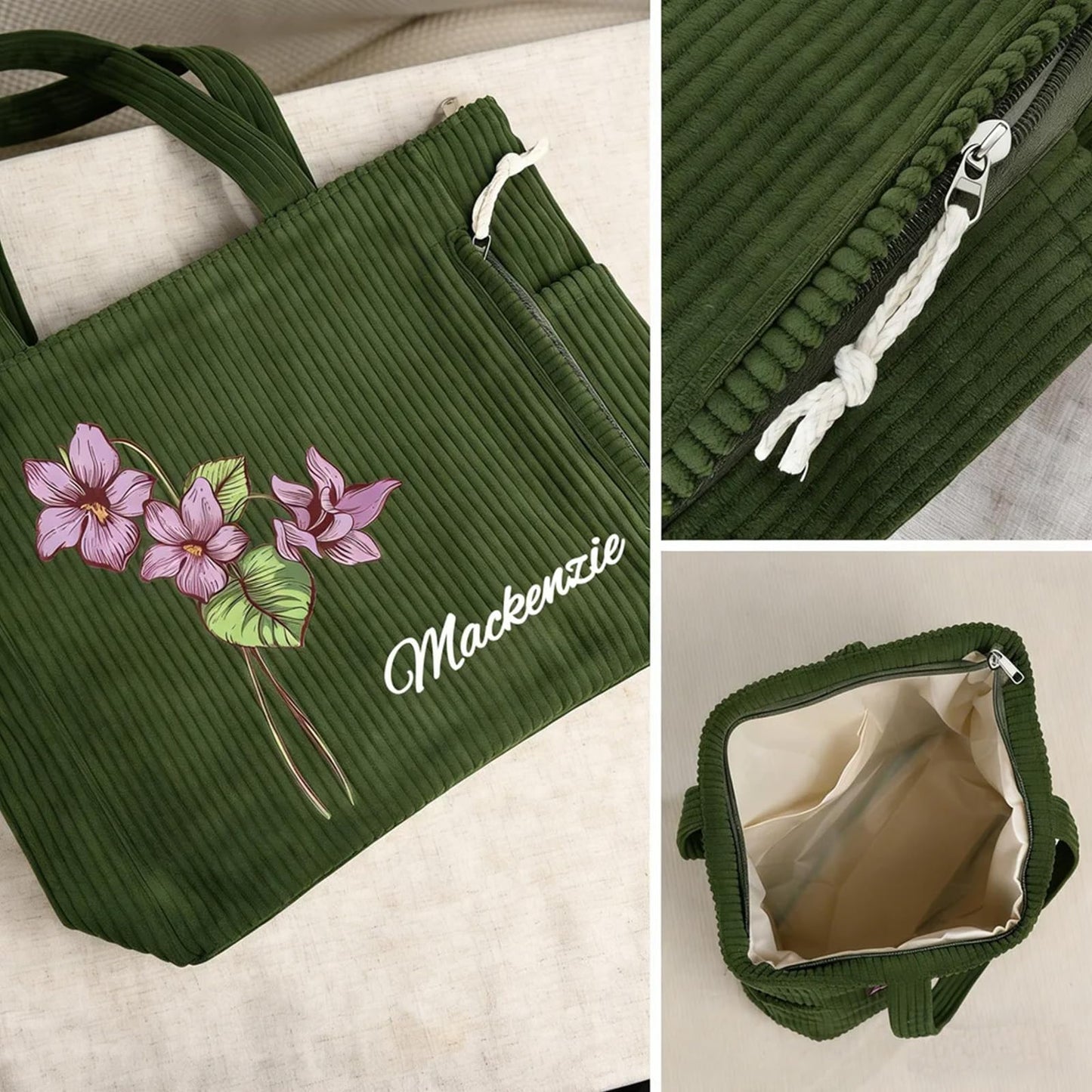 Personalized Birth Flower Corduroy Tote Bag for Women | Name Shoulder Bags