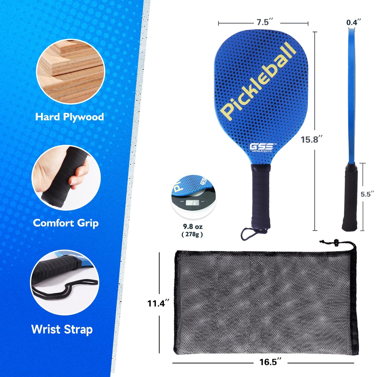 GSE Games & Sports Expert Pickleball Paddles Set of 2 Lightweight Rackets, 4 Indoor/Outdoor Pickle-Balls & Mesh Carrying Bag for Men, Women, Family and Friends