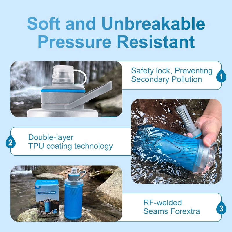 SurviMate 700ml Collapsible Water Filter Bottle,Squeeze Water Filtered Bottle，BPA-Free, Ultra Light Emergency Survival Water Filter，Perfect for Hiking, Backpacking, Camping