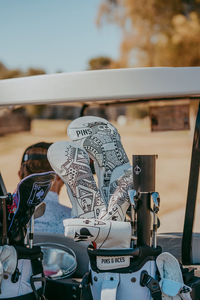 Pins & Aces Royal Flush Head Cover - Premium, Hand-Made Leather Headcover - Ace of Spades & Magnetic Closure, Tour Quality Golf Club Cover - Style and Customize Your Golf Bag Blade (Whiteout)