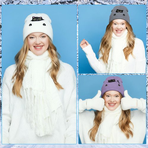 Zhamate Women's Cat Beanie Hats 3 Pack Cute Y2k Cat Lovers Gifts Winter Embroidered Animal Knitted Hats for Women Girls