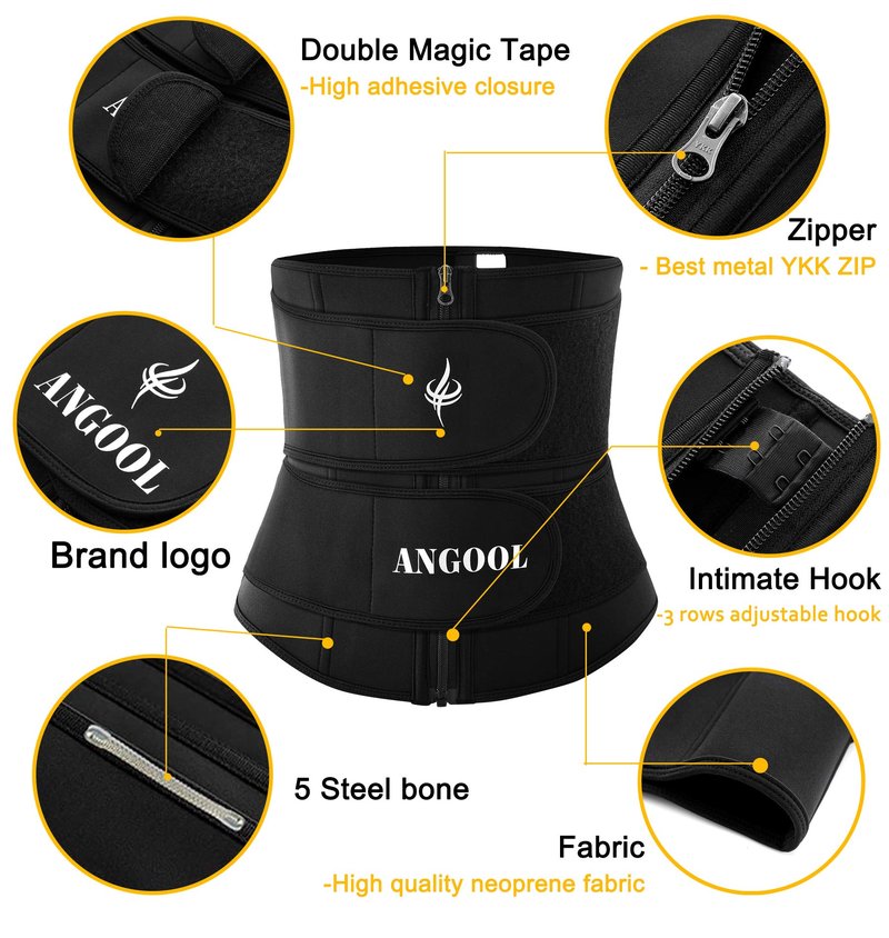 ANGOOL Neopren Waist Trainer For Women,Workout Plus Size Trimmer Belt Sauna Sweat Corset Cincher With Zipper Black
