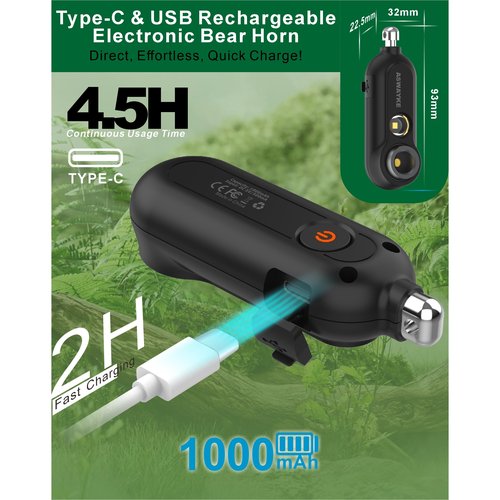 125dB Rechargeable Bear Horn,IPX5 Waterproof & LED Flashlight Bear Deterrent Device for Hiking, Camping, Outdoor Survival-Black