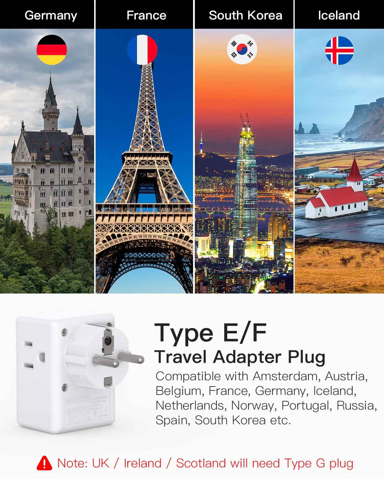 France Power Adapter, Portugal Adapter Plug, Germany Plug Adapter, Type E F European Travel Plug Adapter with 3 Outlets 3 USB Charging Ports(2 USB C), Travel Essentials to Most Europe EU