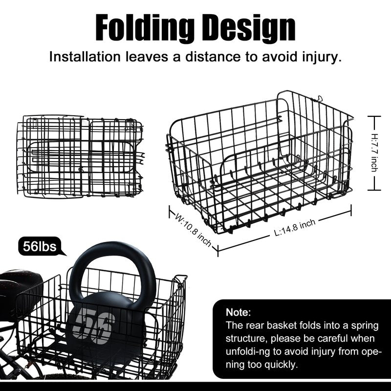 Rear Bike Basket,Bike Rack Basket,Folding Rear Bike Basket, Quickly Detachable Metal Bicycle Rack Cargo Basket with Strap & Reflective Tail Light for Most Mounted Bike Racks